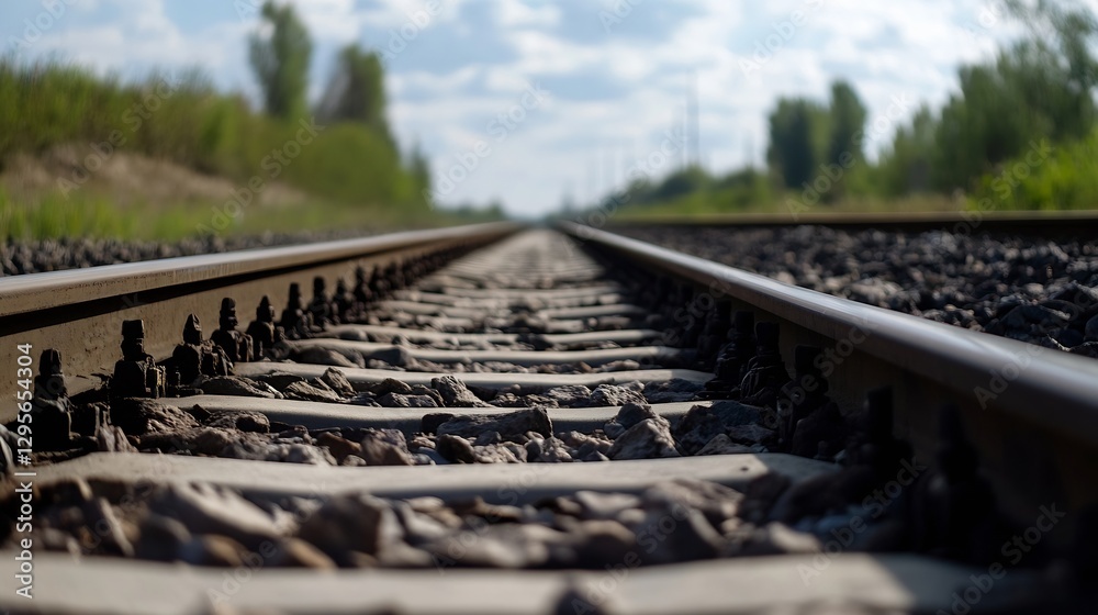 Poster closeup view of railway tracks stretching into the distance under a clear blue sky with clouds : gen