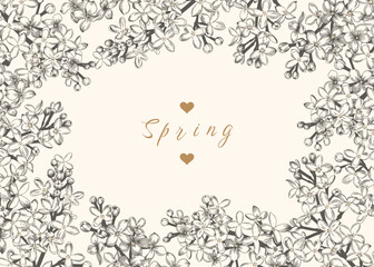 Horizontal border - frame of lilac flowers. Black hand-drawing. Floral background with place for text.  Vector illustration.