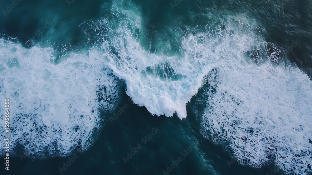Poster aerial view of turquoise ocean waves crashing with white foam against the shoreline : generative ai