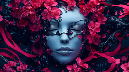 Ethereal Masked Figure Surrounded by Vibrant Pink Flowers and Ribbons