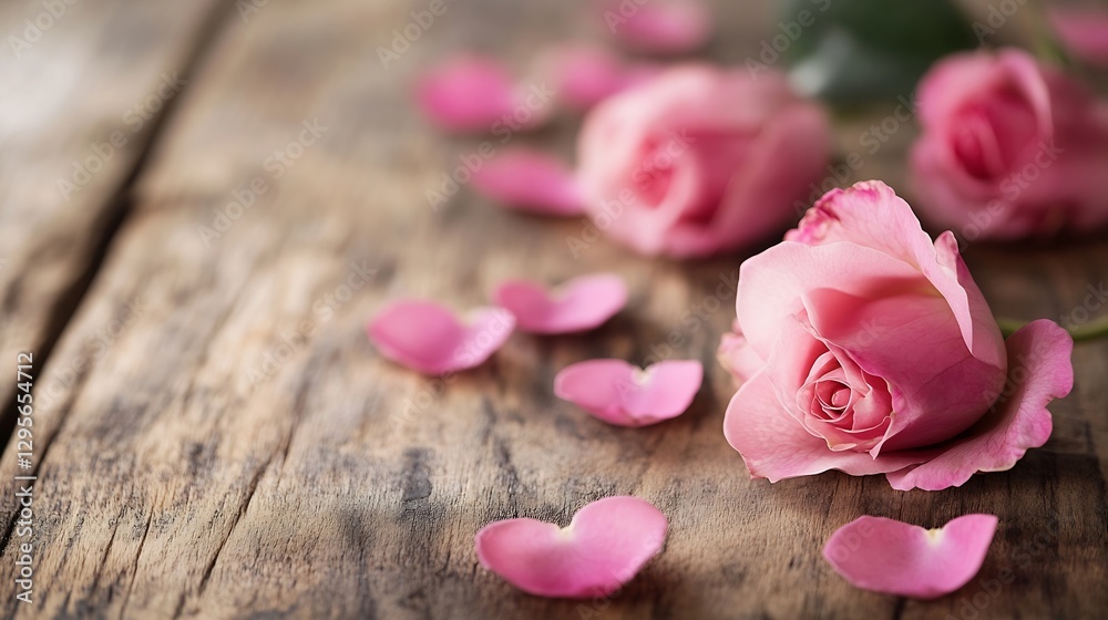 Poster beautiful pink roses with scattered petals on a rustic wooden surface for a romantic display : gener