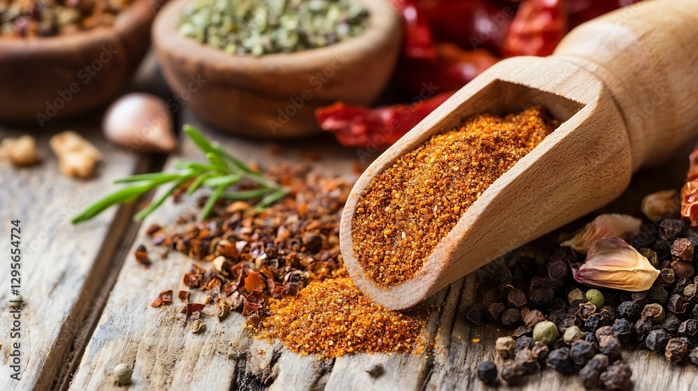 Poster variety of colorful spices and herbs in wooden bowls with rustic spoon on table : generative ai