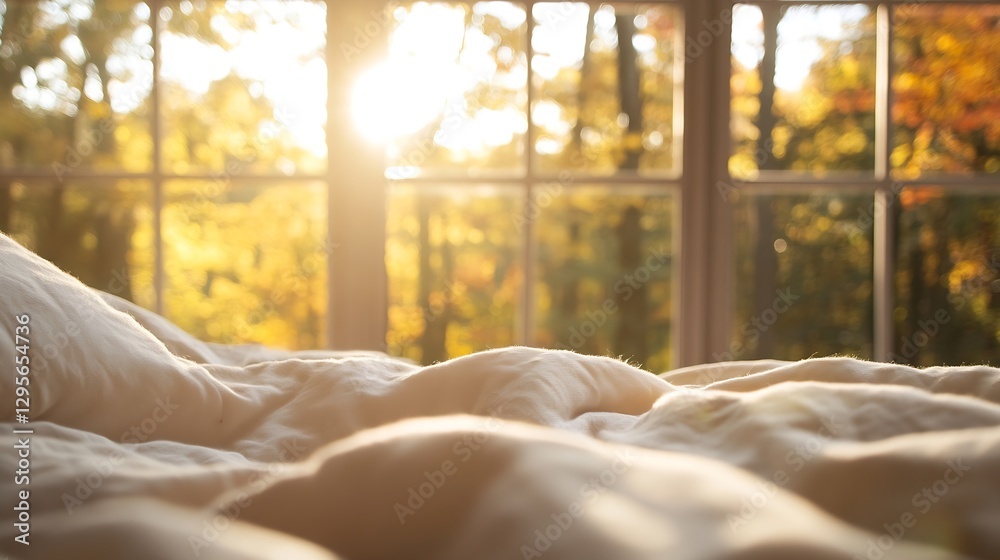 Aufkleber Cozy Bedroom with Soft Bedding and Warm Sunlight Streaming Through Windows : Generative AI