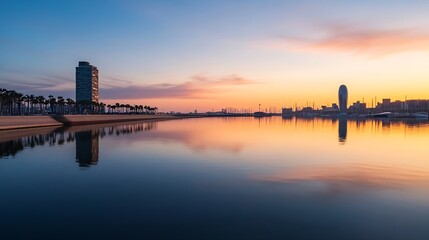 Naklejka premium Beautiful city skyline with reflections in a calm waterway at sunset showcasing the heart of urban life : Generative AI