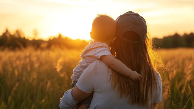 Mother holding child while watching sunset together in a beautiful golden field of grass : Generative AI