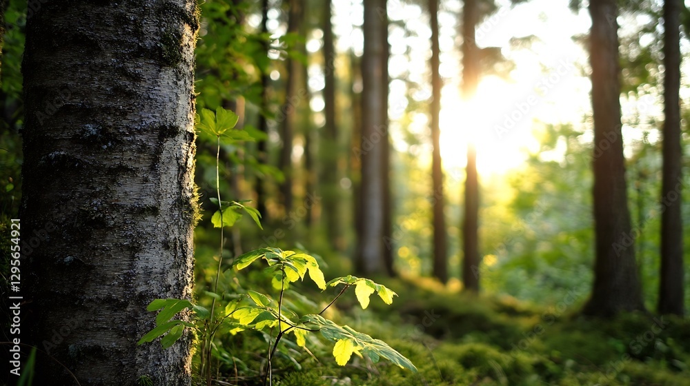 Aufkleber Sunlight Filtering Through Tall Trees in a Peaceful Forest : Generative AI