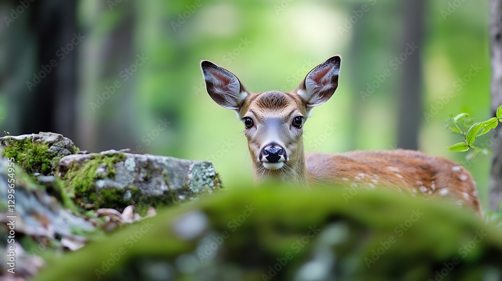Poster closeup view of a curious young deer peering through lush greenery in a serene forest environment : 