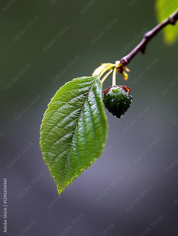 Poster single cherry leaf with water droplets on branch against a blurred background of soothing greens : g