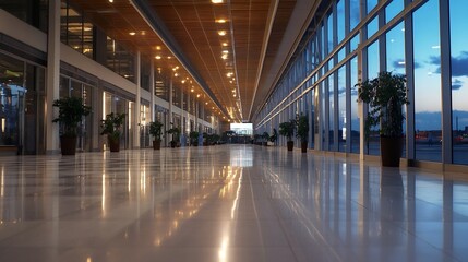 Naklejka premium Modern spacious interior of an airport terminal with beautiful lighting and plants : Generative AI