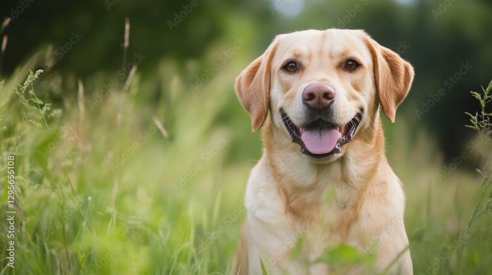 Poster Smiling joyful labrador dog sitting in a sunny field surrounded by tall grass : Generative AI