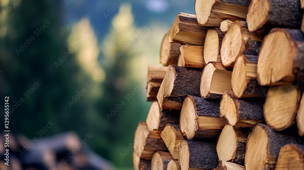 Poster stacked logs neatly arranged in a forested setting highlighting the natural beauty of wood and natur