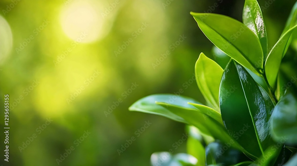 Poster close up of glossy green leaves in soft sunlight creating a serene natural atmosphere : generative a