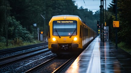 Obraz premium Yellow Train Arriving at Station in a Rainy Environment : Generative AI