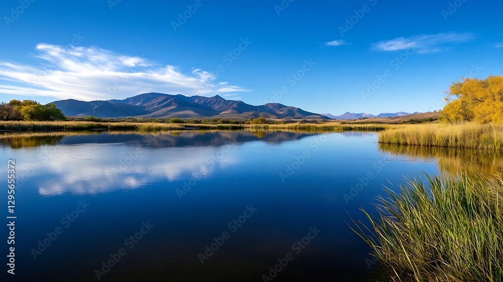 Poster scenic mountain reflection in a serene lake surrounded by vibrant autumn greenery : generative ai