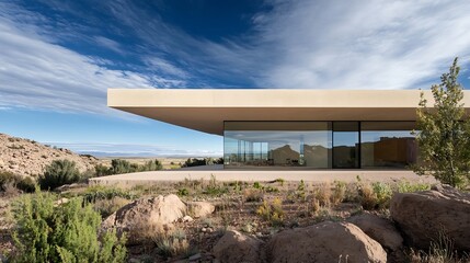 Modern architecture featuring a striking flat roof and large glass windows in a desert setting : Generative AI