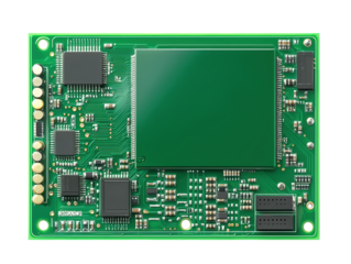 A detailed electronic circuit board featuring various integrated circuits and components for processing tasks.