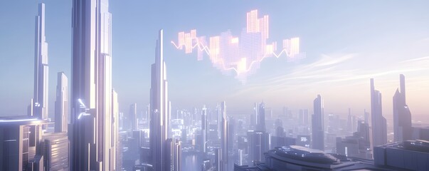 Fototapeta premium Futuristic cityscape with holographic stock chart hovering overhead