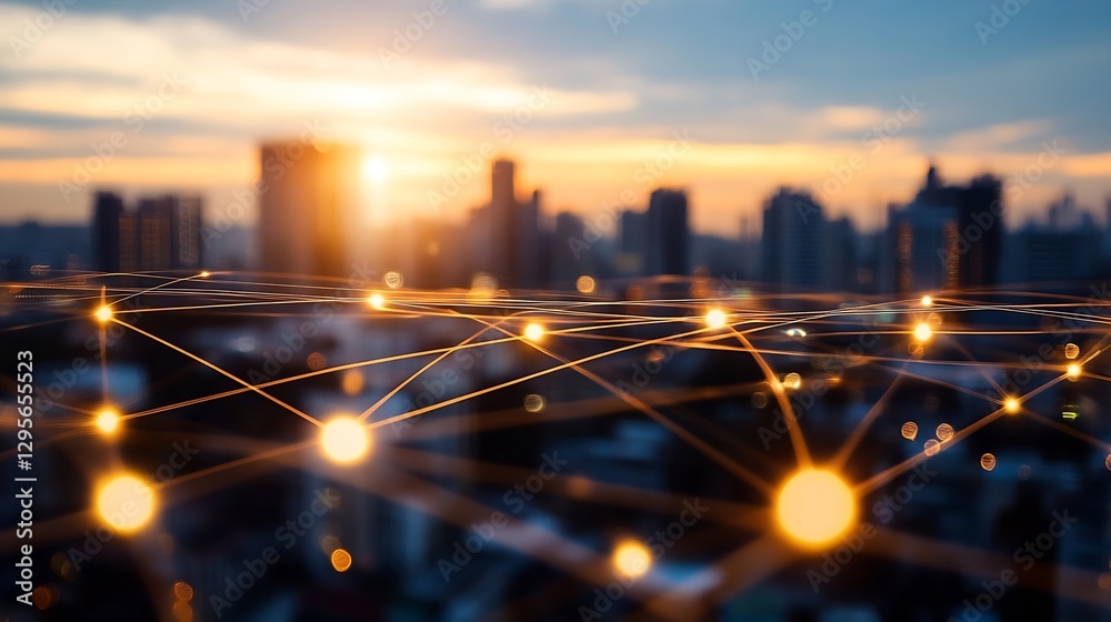 Poster urban skyline with glowing connections representing digital networks during sunset : generative ai