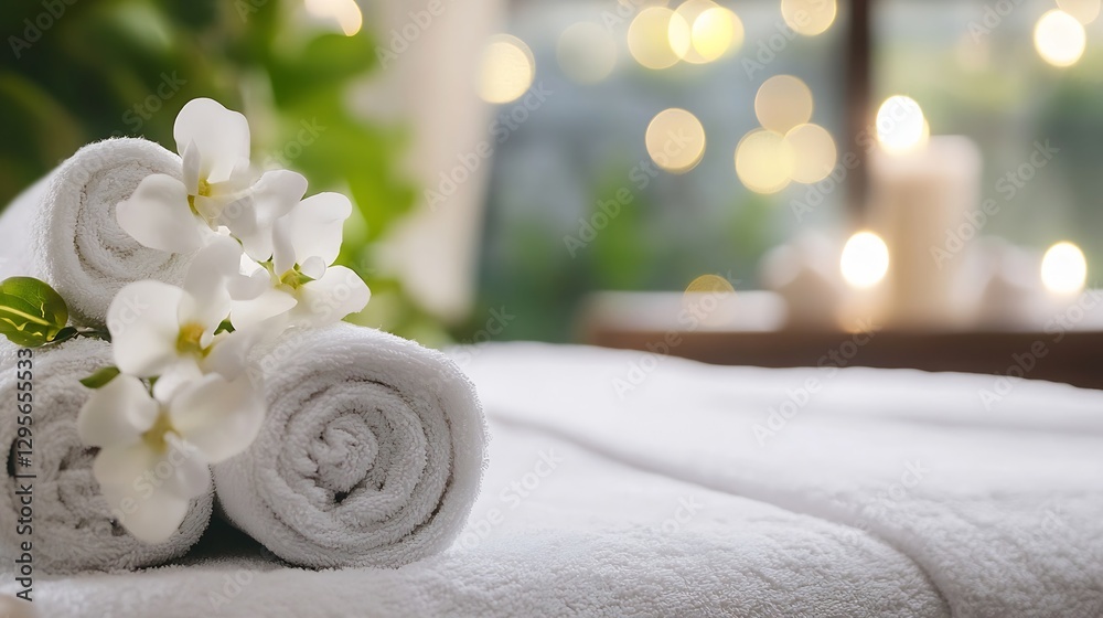 Poster elegant spa setting featuring soft towels and white flowers for a luxurious relaxation experience : 