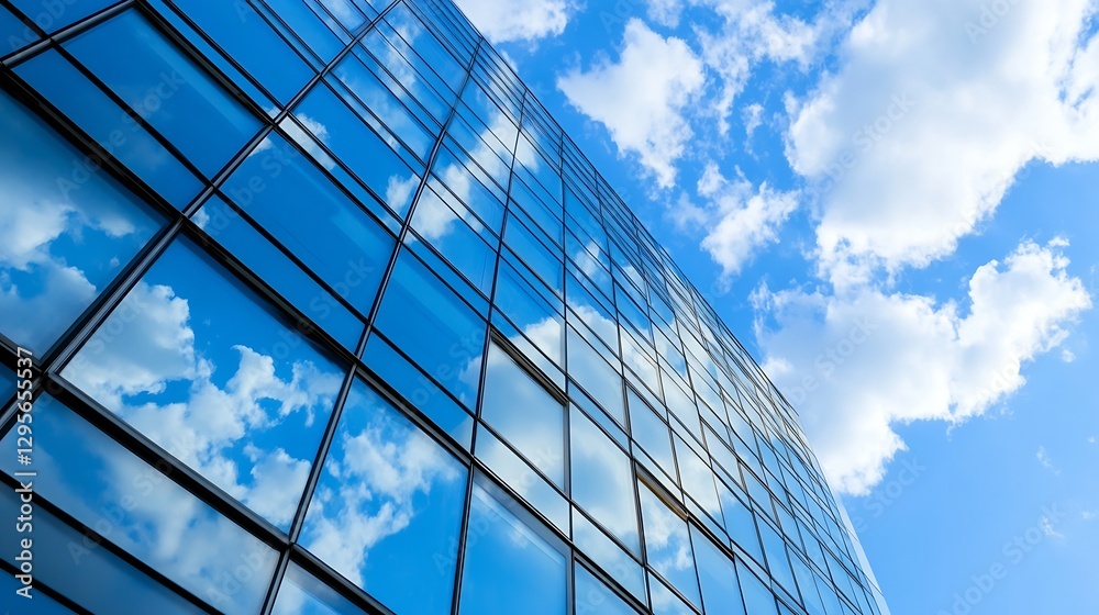 Poster modern skyscraper reflecting blue sky and clouds showing architecture and urban life : generative ai