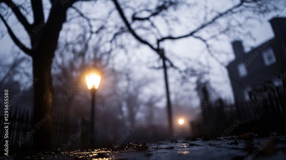 Aufkleber mysterious foggy street at night with glowing lamp post creating atmospheric mood : generative ai