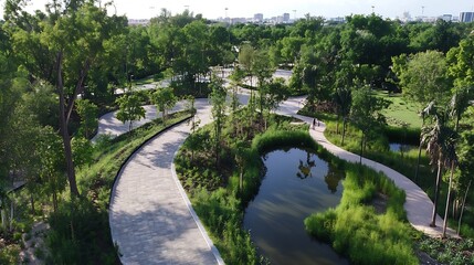Aerial View of a Beautiful Park Featuring Curved Pathways and Green Vegetation Alongside Water : Generative AI