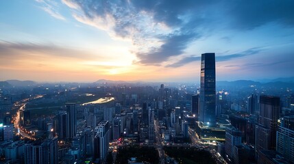 Obraz premium Stunning cityscape view at sunset with skyscrapers, vibrant skies and urban landscape : Generative AI