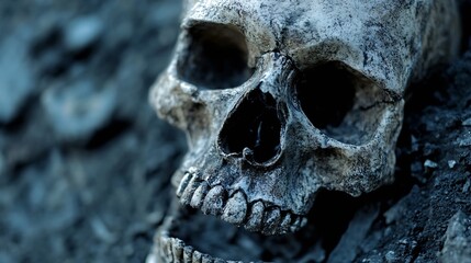Realistic skull resting on rocky terrain creating a dramatic and eerie atmosphere for varied artistic uses : Generative AI