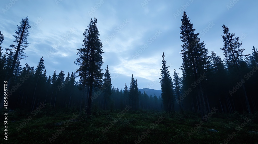 Poster mysterious dark coniferous forest under a dim blue sky during twilight hours : generative ai