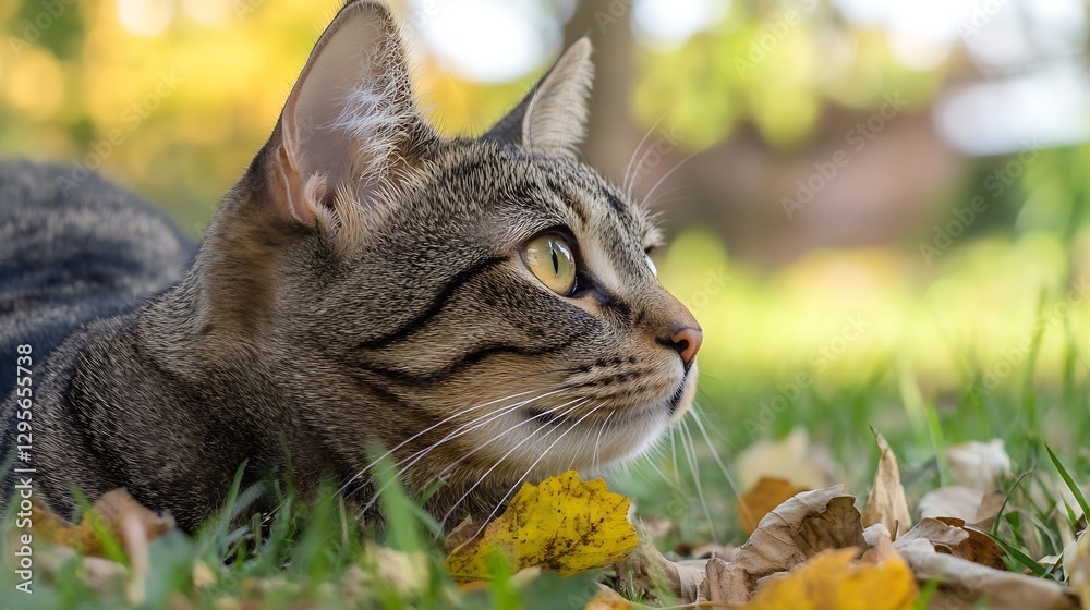 Poster candid close-up of a tabby cat lying in green grass with autumn leaves : generative ai