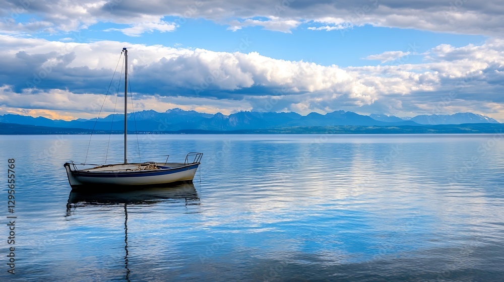 Aufkleber serene sailboat anchored on calm blue lake with clouds and mountains reflecting in the water : gener