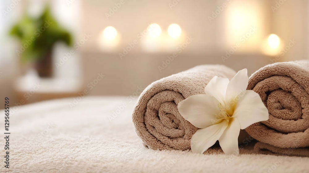 Poster luxurious spa setting with rolled towels and exotic flower for relaxation : generative ai