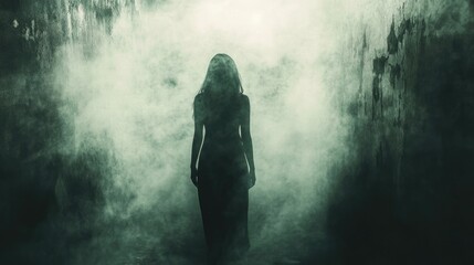 Fototapeta premium Mysterious female figure in fog walk ominous corridor. Evil woman silhouette. Soft smoke, haunting atmosphere. Horror thriller. Eerie scary ghost. Concept of revenge.