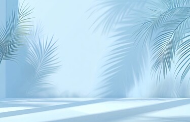 Palm leaves cast a blurred, abstract shadow on a light blue wall, making for a clean and minimal background to display products, especially in spring and summer