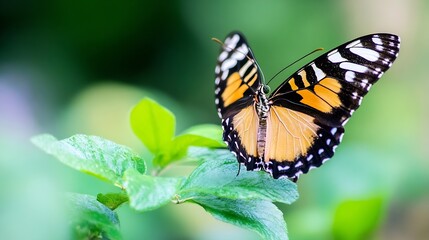 Naklejka premium Vibrant butterfly perched on green leaves showcasing its stunning orange and black wings in a lush garden : Generative AI