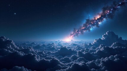 A vast interstellar void where galaxies appear as floating islands of light, an ocean of darkness stretching infinitely, faint cosmic filaments connecting distant realms.