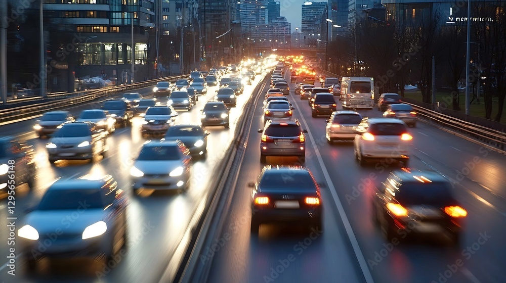 Poster busy city street filled with dynamic cars on wet pavement reflecting lights creating a rush hour sce