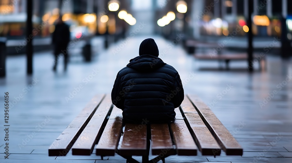 Aufkleber Contemplative figure seated alone on a bench in an urban setting during rainy twilight hours : Generative AI