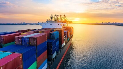 Colorful cargo ship at sunset navigating calm waters on a clear evening : Generative AI