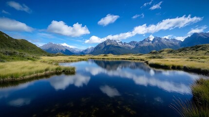 Fototapeta premium Stunning Mountain Reflection in Calm Waters Captured on a Clear Day : Generative AI