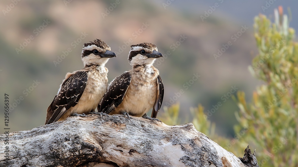 Poster Two Colorful Kookaburra Birds Resting on a Log with Natural Background : Generative AI