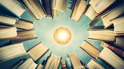A mesmerizing view of an illuminated sun surrounded by open books, symbolizing knowledge and enlightenment