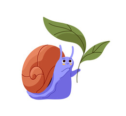 Happy snailfish with coiled house on back holds green leaf. Snail character with spring twig in hand. Cute baby slug with spiral shape shell. Flat isolated vector illustration on white background
