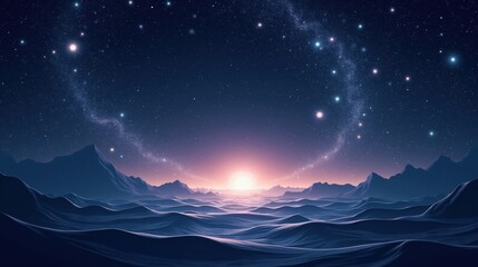 Fototapeta premium A vast interstellar void where galaxies appear as floating islands of light, an ocean of darkness stretching infinitely, faint cosmic filaments connecting distant realms.