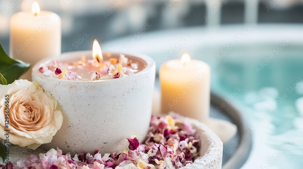 Poster luxurious spa scene with rose petals and scented candles relaxing atmosphere : generative ai