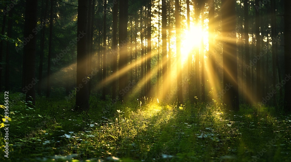 Poster Beautiful sun rays shining through a green forest creating a magical and serene atmosphere : Generative AI