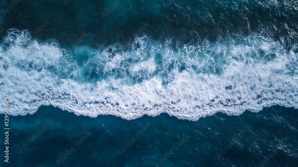 Poster aerial view of ocean waves crashing against the shoreline in a vibrant blue sea : generative ai
