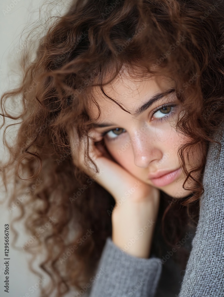 Aufkleber close up portrait of a beautiful girl with curly hair and soft expression resting her face on hand :