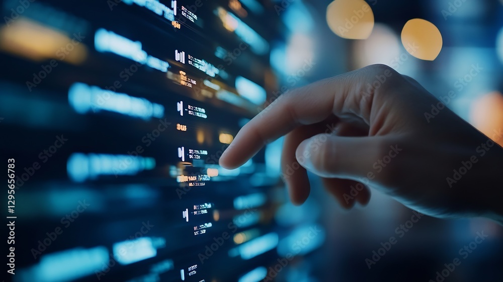 Leinwandbilder closeup of a hand interacting with a digital interface displaying financial data and market trends :