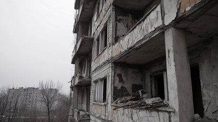 Abandoned and Crumbling Building with Faded Walls in a Gloomy Urban Landscape : Generative AI